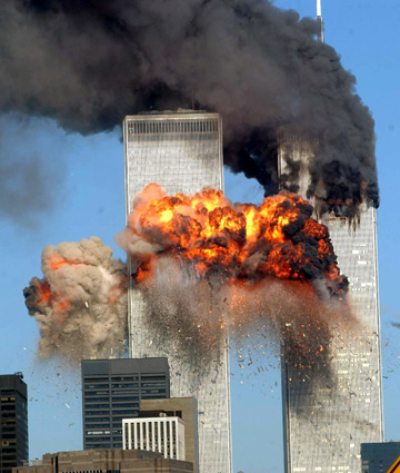 Photo of second airplane impacting the World Trade Center on September 11th.