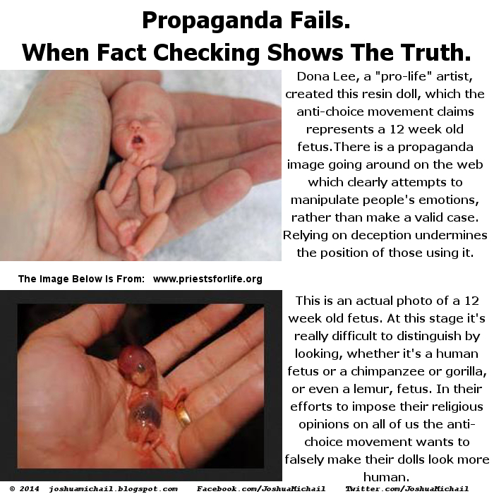 Anti-Choice propaganda depicting what is supposed to be an aborted "12 week fetus", is actually a resin doll representing an embryo around 24 weeks. Below that propaganda image is a verified real image of an aborted embryo at 12 weeks, which could not be distinguished from any other primate embryo. In their eagerness to impose their religious ideology on everyone, the anti-choice movement willingly lies to people to manipulate them.