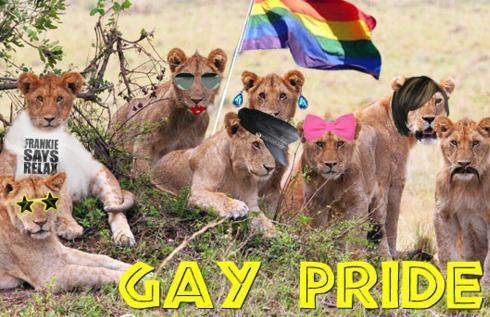 A picture of a pride of lions, rendered deliciously humorous by photoshop. The caption reads "gay pride", and the lions have all been modified to look particularly "campy".