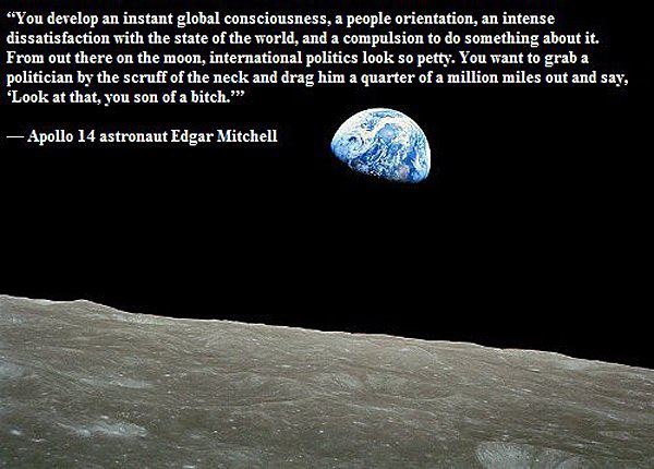 NASA astronaut Edgar Mitchell's quote about politics is featured on a photo captured by NASA of the Earth from the surface of the moon.